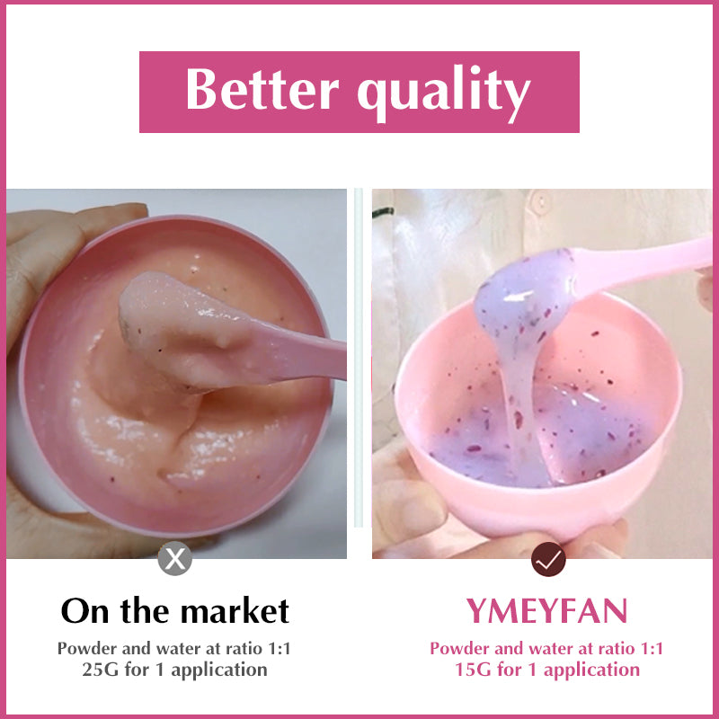 YMEYFAN DIY SPA Hydro Jelly Mask Powder in pink bowls showing texture comparison with market alternative.