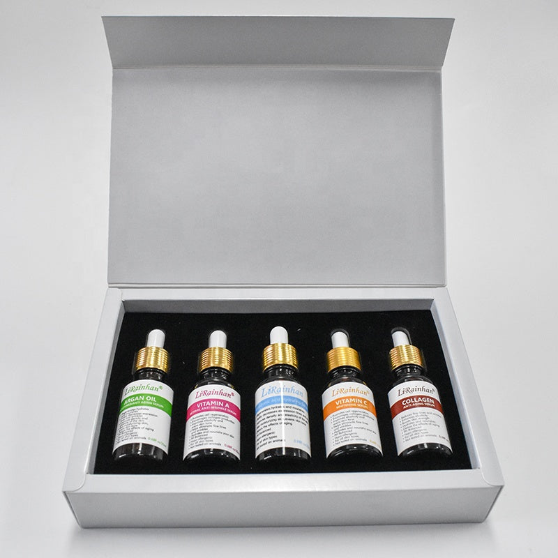 OEM Multivitamin Collagen Booster Anti-Aging Serum Set in a white box with five dropper bottles.