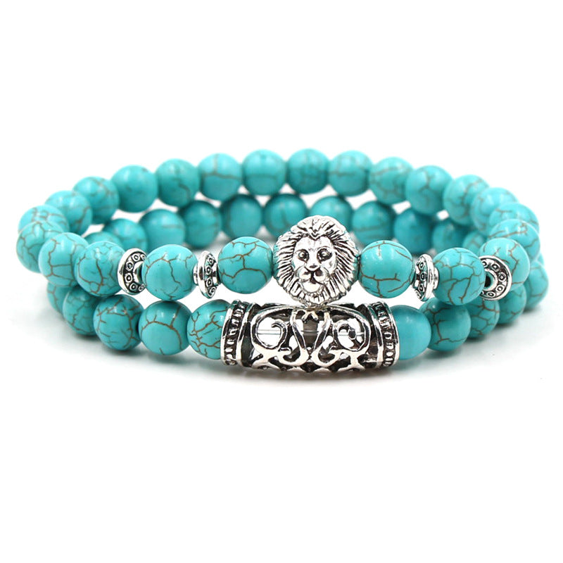 men Natural turquoise Stone Silver Lion owl Buddha Head bracelet jewelry sets