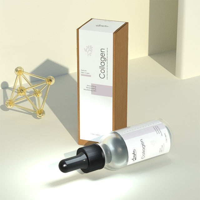 Organic anti-aging collagen serum with hyaluronic acid in a 30ml glass bottle, featuring moisturizing and brightening benefits.