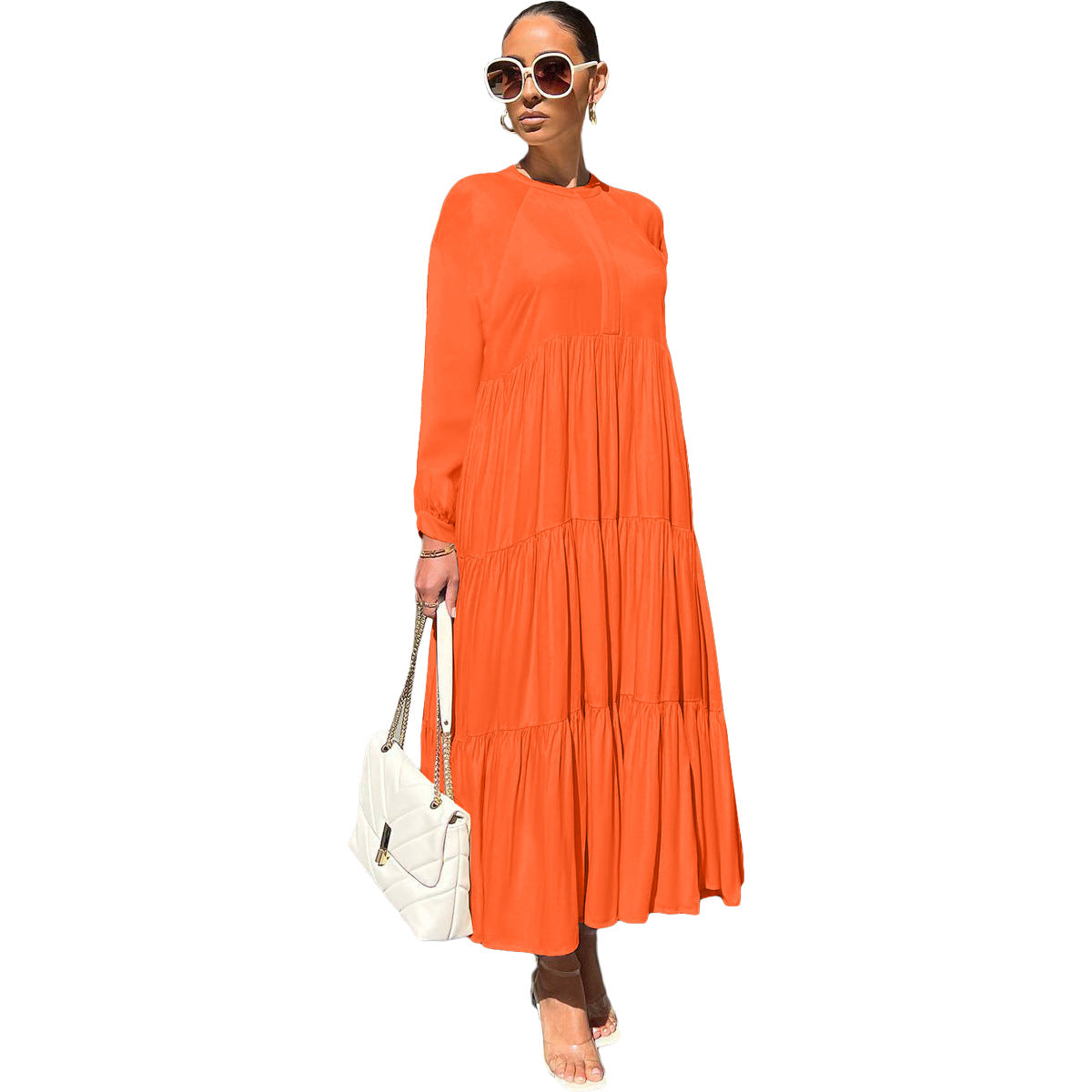 Women's loose-fit short sleeve casual dress in orange, perfect for autumn 2023.