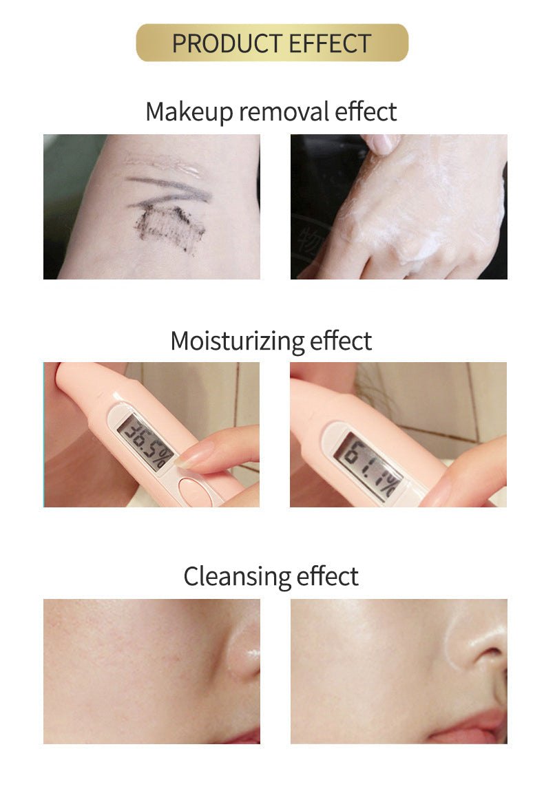 XEFS cleansing foam showing makeup removal, moisturizing, and cleansing effects.