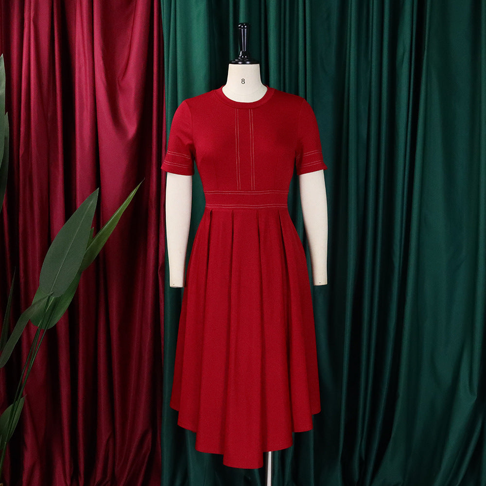 Elegant A-line short sleeve summer dress for women in red, suitable for office wear.