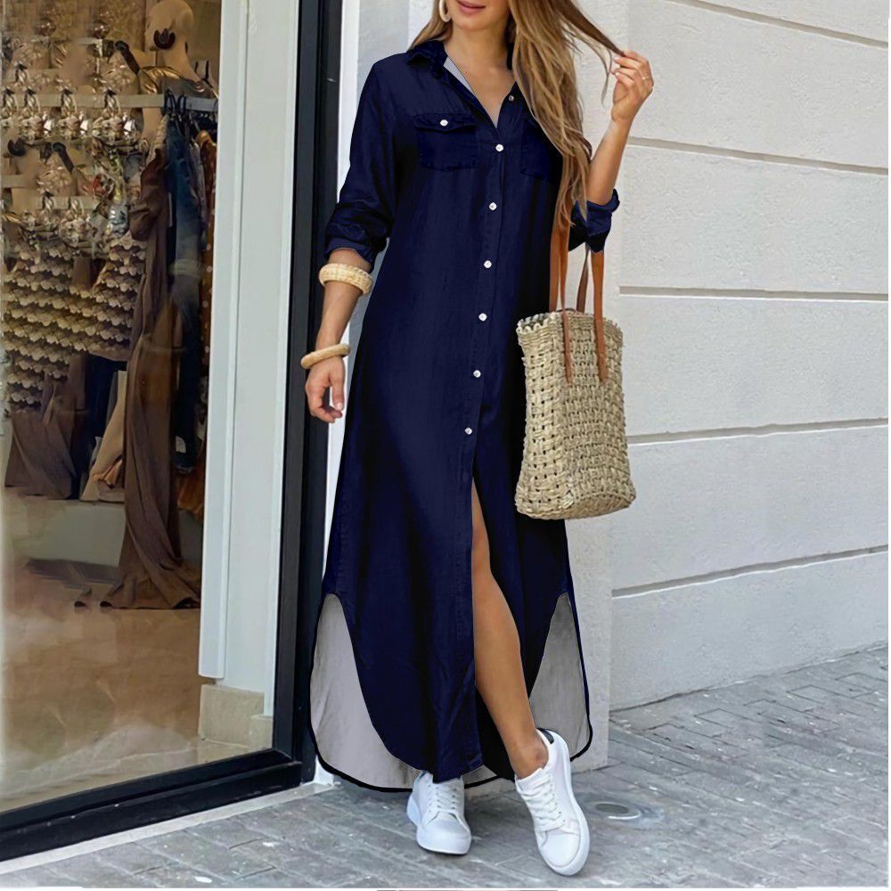 Summer shirt dress in black, long sleeve with buttons, casual and stylish for autumn, plus size available.