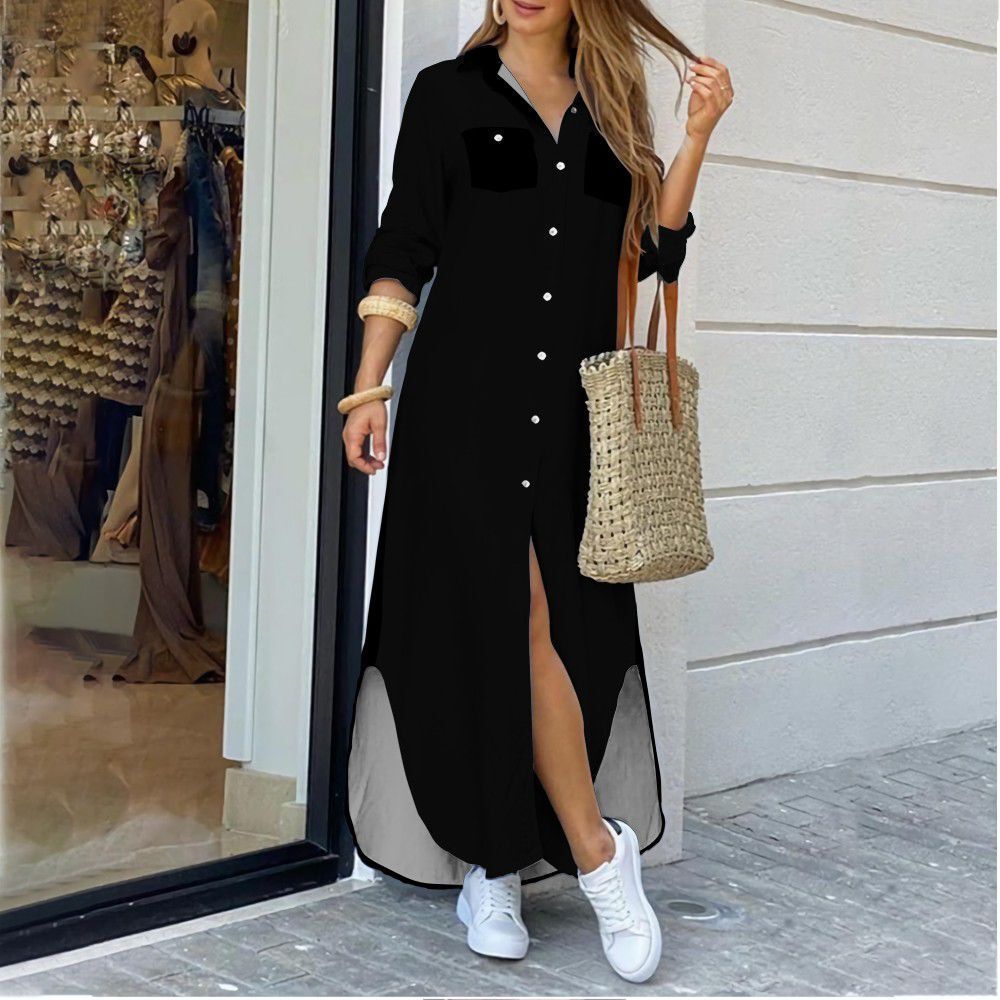 Women's casual long shirt dress in black with button details, perfect for summer and autumn, plus-size available.