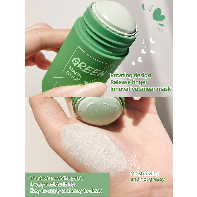 Green tea mask stick with rotating design, moisturizing effects, and easy application.