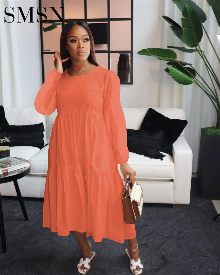 Plus size women’s long sleeve casual dress, solid color, trendy fashion wholesale.