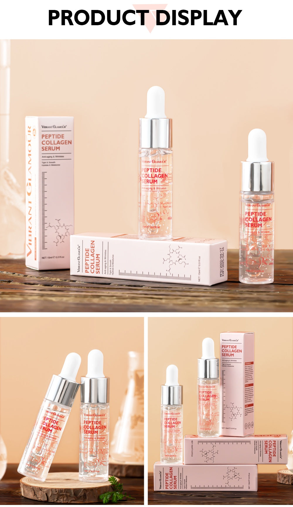 VIBRANT GLAMOUR Peptide Collagen Serum facial serum dropper bottle for daily skincare