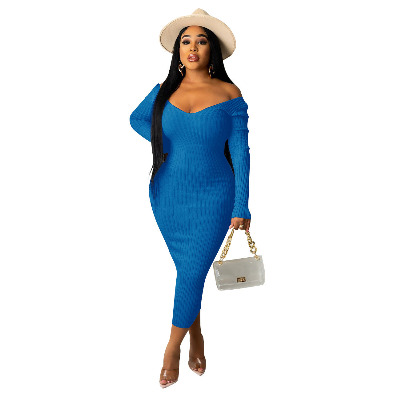 Elegant blue women's summer dress 2022 with long sleeves and customized design.