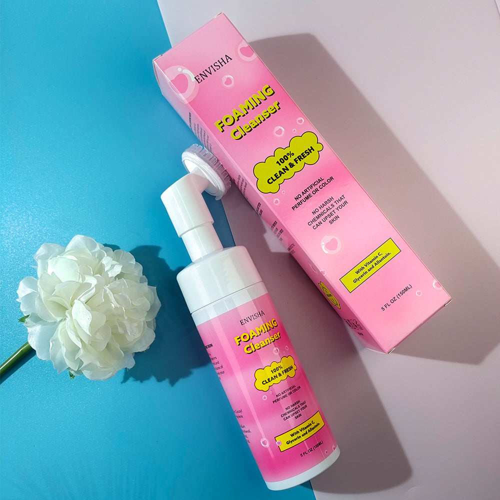 Herbal Deep Cleansing Foaming Facial Wash bottle and packaging on a colorful background with white flower.