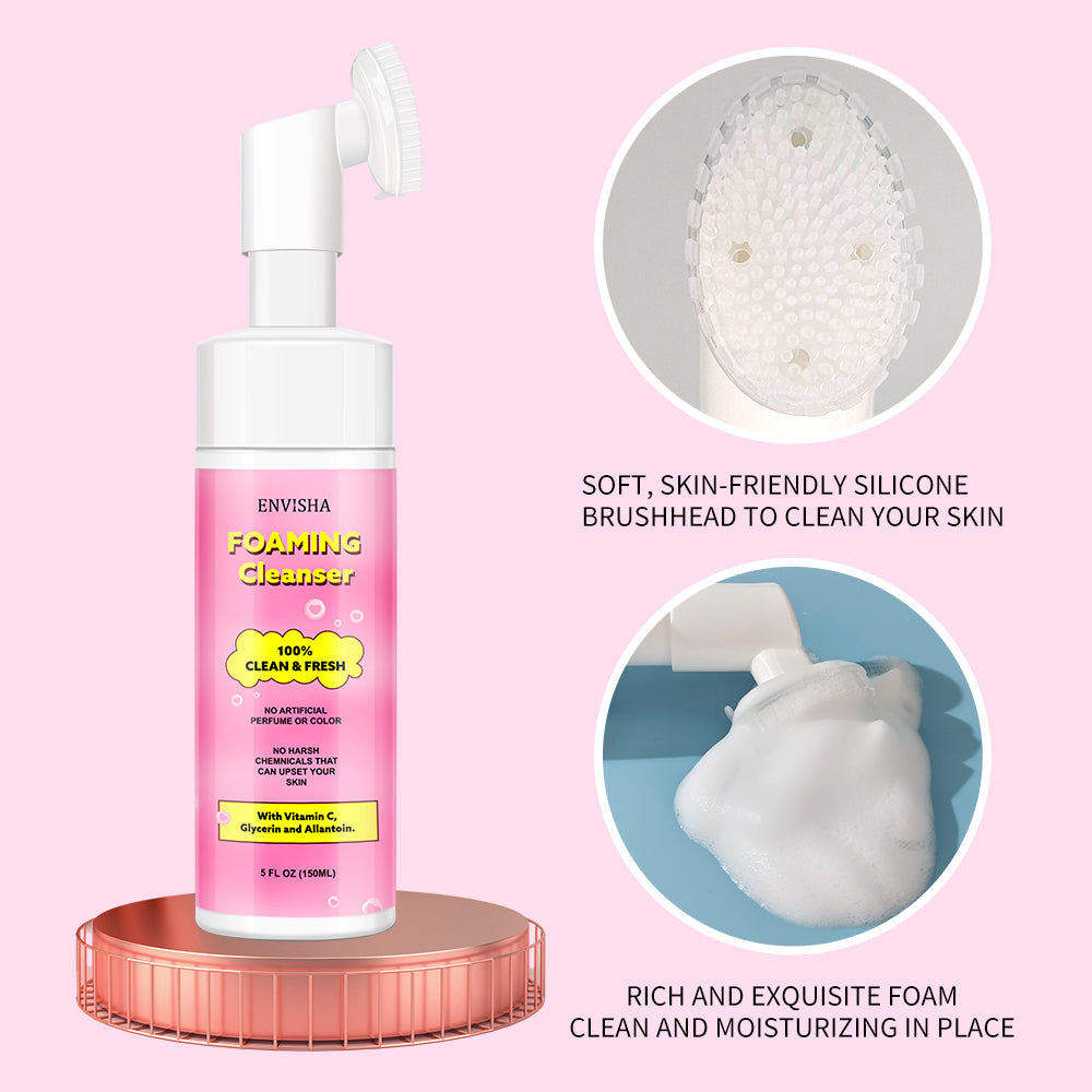 Herbal deep cleansing foaming facial wash with soft silicone brush head for effective skin cleaning and moisturizing.