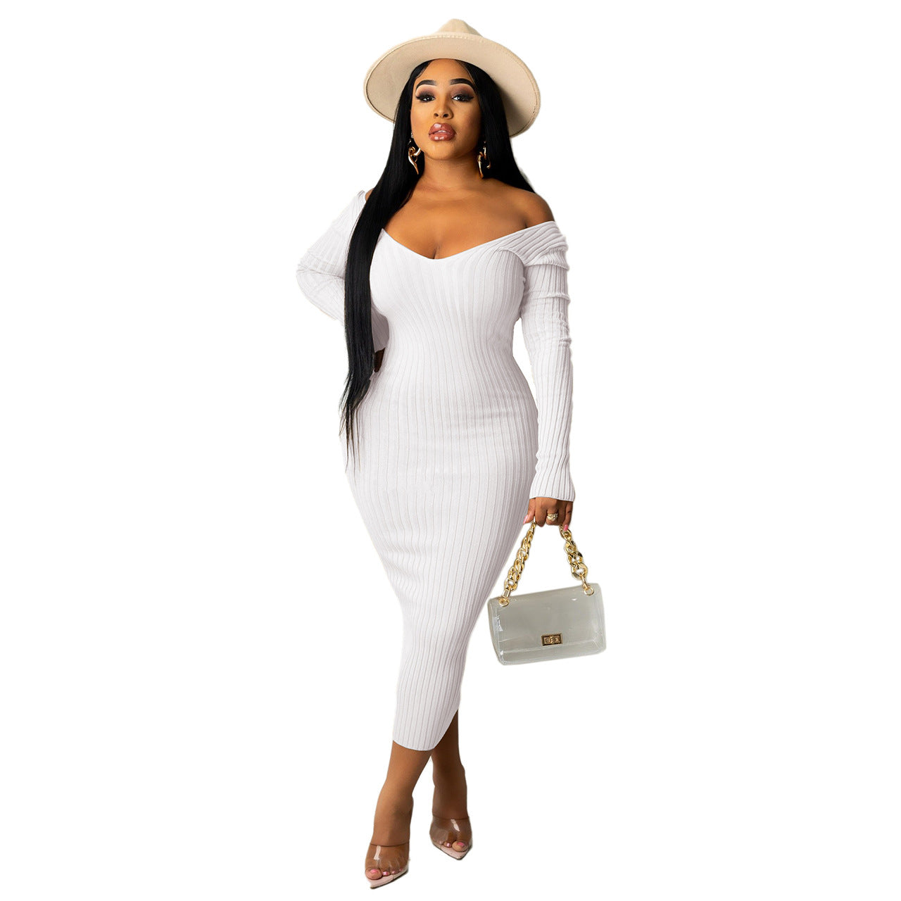 Elegant women's summer dress 2022, customized design, off-shoulder, ribbed fabric, paired with hat and handbag.