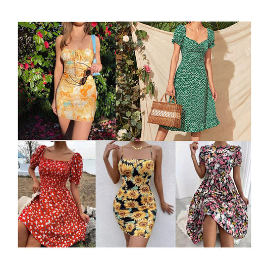 Wholesale bulk women's casual dresses in various floral prints, suitable for daily wear.
