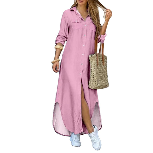 Women's long pink shirt dress, casual summer to autumn fashion, plus size.
