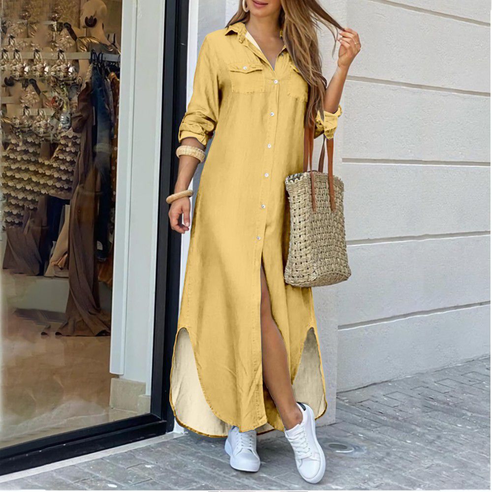 Summer casual long shirt dress for women, plus size, yellow color, autumn fashion wear.