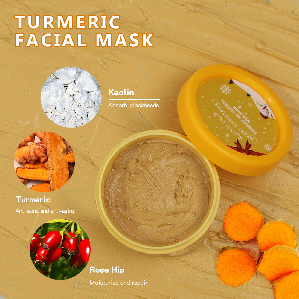 Turmeric facial mask with kaolin, anti-acne turmeric, and moisturizing rose hip in yellow container, ideal for Christmas gift set.