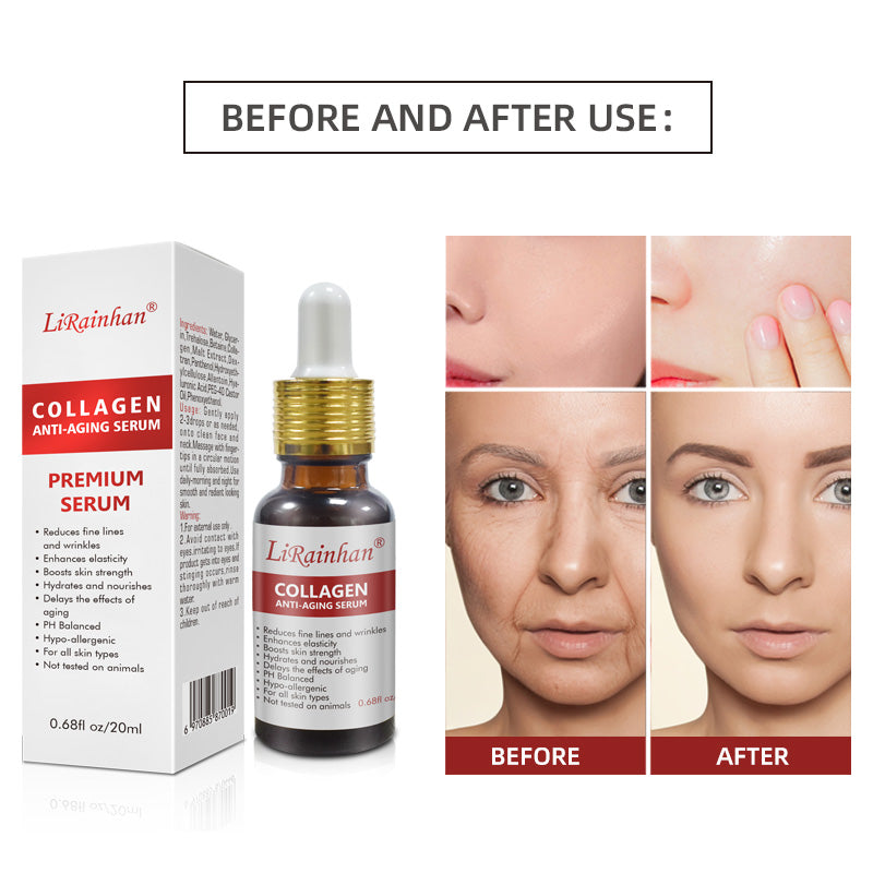 Anti-aging collagen serum set with before and after results for wrinkle reduction and skin whitening.