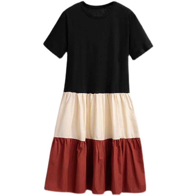 Women's Korean style summer patchwork dress in black, cream, and red with short sleeves.