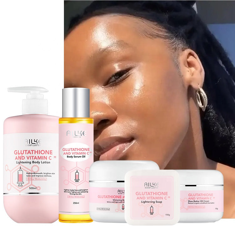 Luxury Organic Vitamin C Body Lotion & Whitening Face Cream Skin Care Set with Glutathione, moisturizing and brightening benefits.