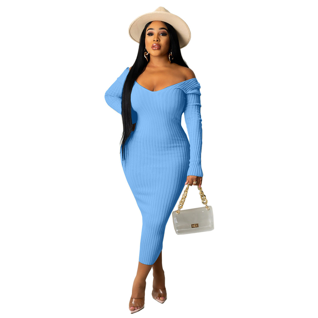 Women's summer dress 2022 in blue, customized elegant design with off-shoulder neckline.