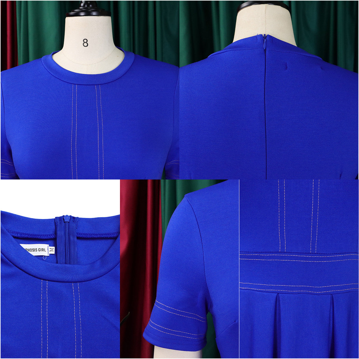 Elegant blue A-line short sleeve office dress for women with detailed stitching.
