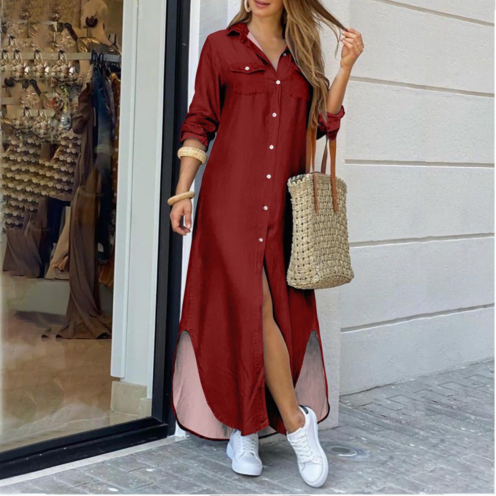Summer shirt dress with long sleeves and button-up front, perfect for casual autumn fashion, worn by a woman with a woven bag and white sneakers.