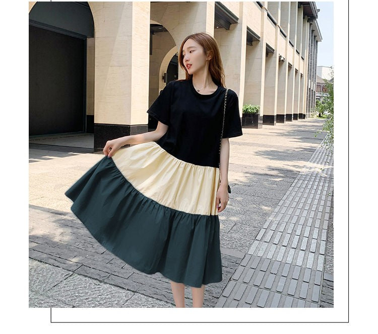 Korean style patchwork summer dress for women with short sleeves.