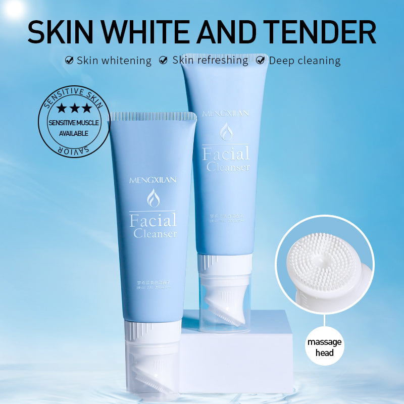 Deep cleansing whitening facial cleanser with massage head, suitable for sensitive skin.