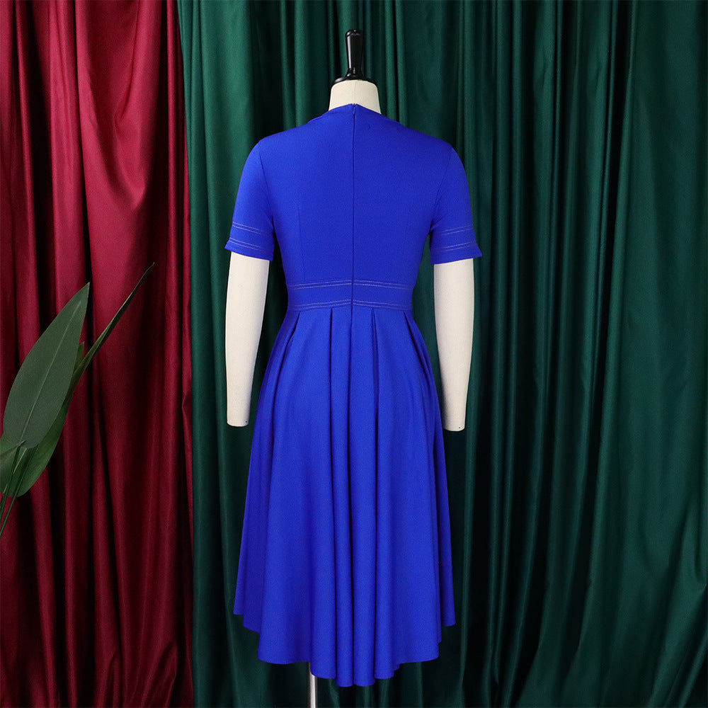 Elegant blue A-line short sleeve dress for women, shown from the back.