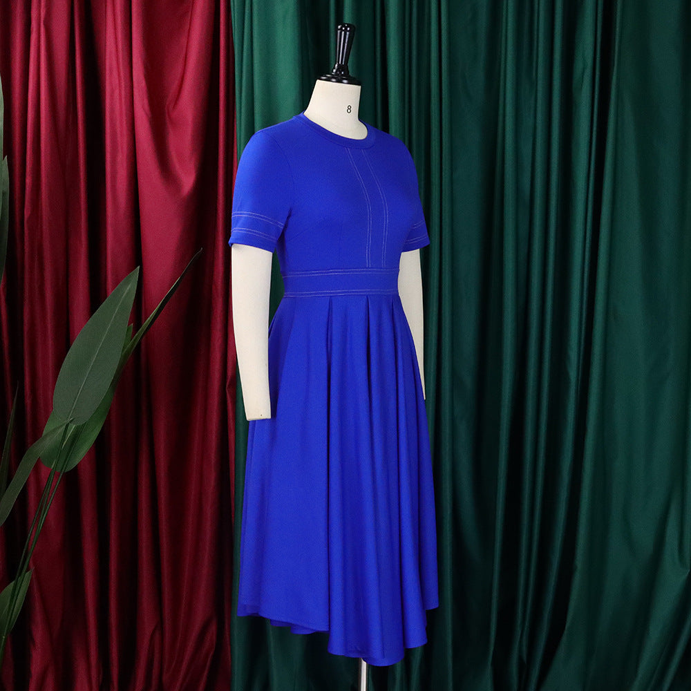 Elegant blue A-line short sleeve office dress for women.