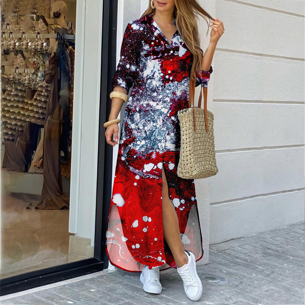 Women’s fall fashion printed long dress with floral pattern and long sleeves.