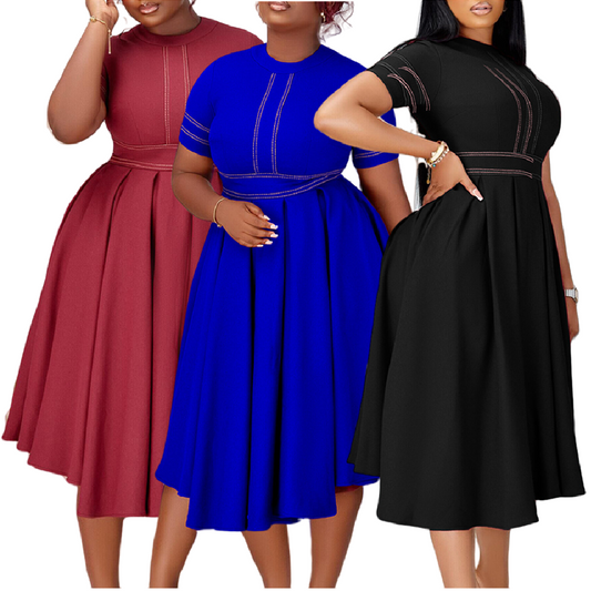 Elegant A-line short sleeve office dresses for women in burgundy, blue, and black.