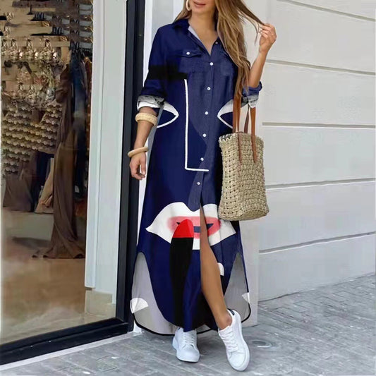 Woman wearing a fashionable long sleeve boho floral printed shirt dress, standing casually outside a shop.