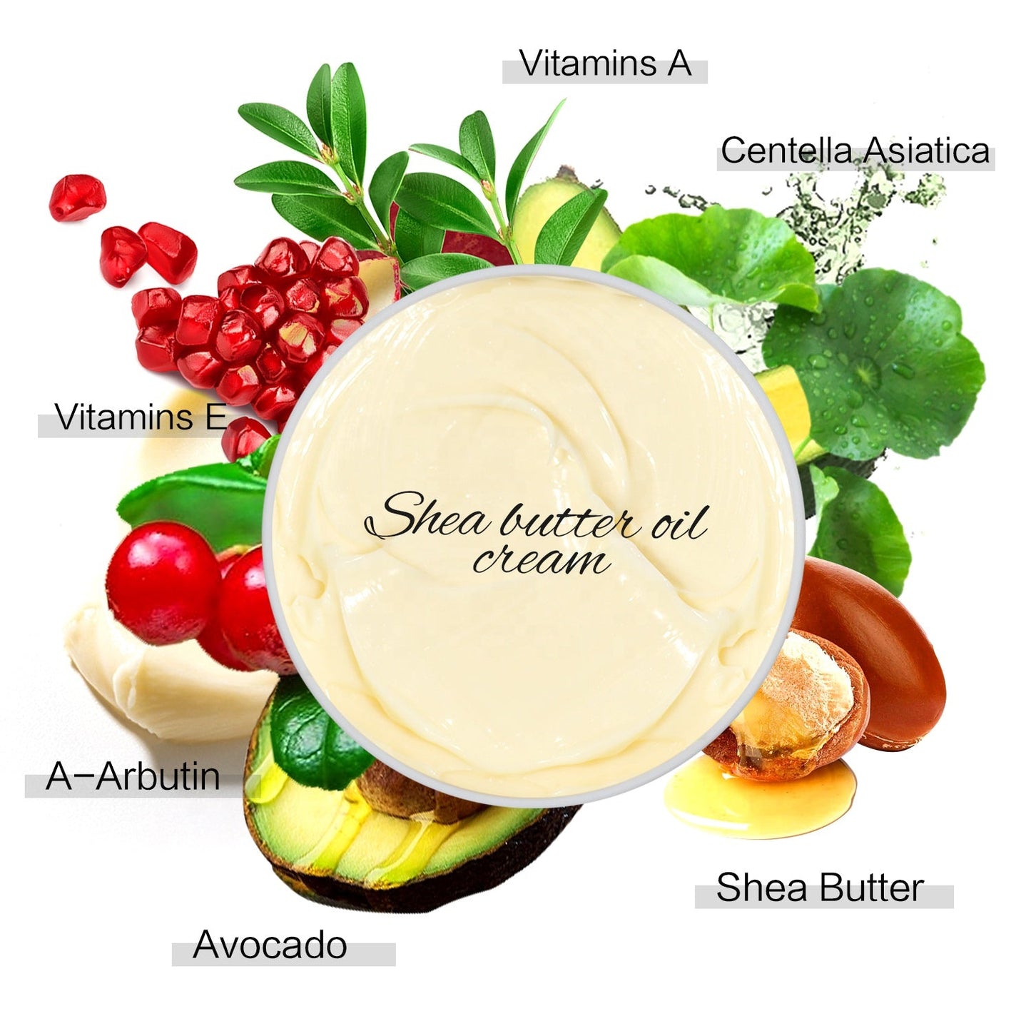 Luxury organic vitamin C body lotion and whitening face cream skin care set with shea butter, vitamins, and plant extracts on a white background.