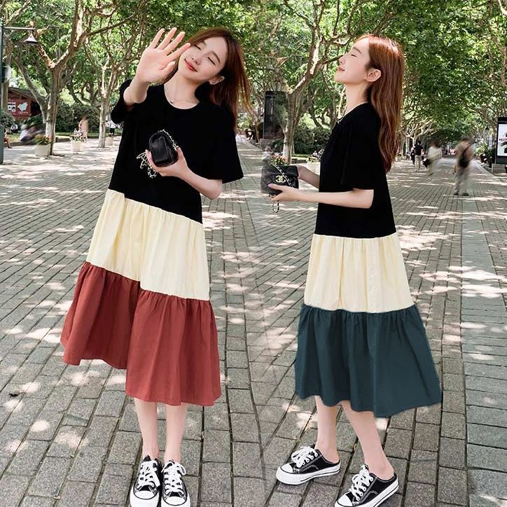 Korean style summer patchwork dresses for women, featuring short sleeves and casual, party-appropriate design.