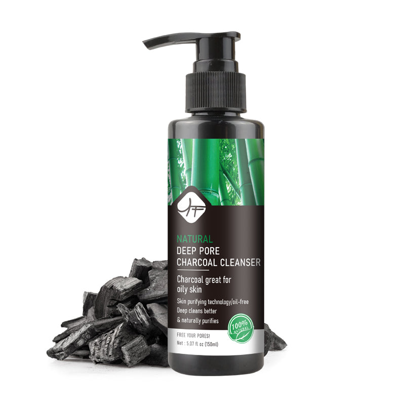 Natural Deep Pore Charcoal Cleanser with charcoal chunks, 150ml bottle.