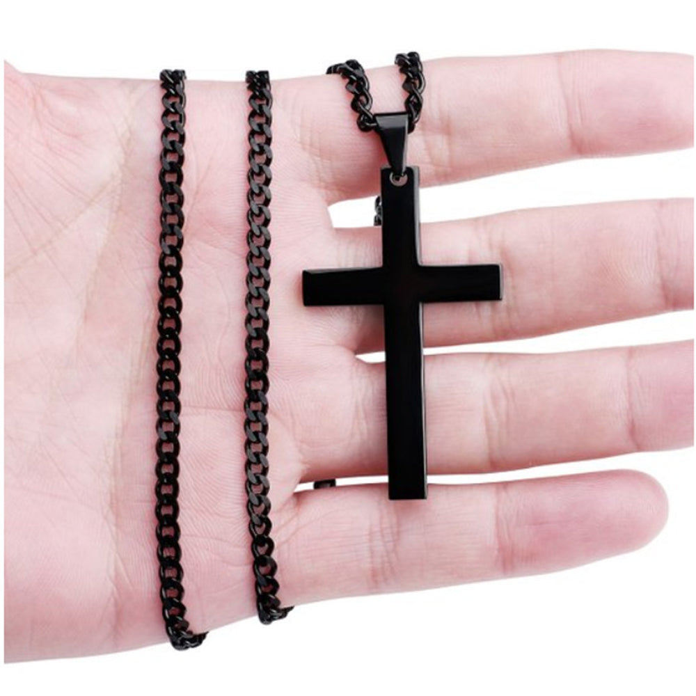 Stainless Steel Cross Necklace black cross pendant and chain displayed by hand
