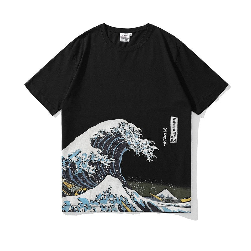 Mens Wave Print T-Shirt in black with short sleeves and crew neck