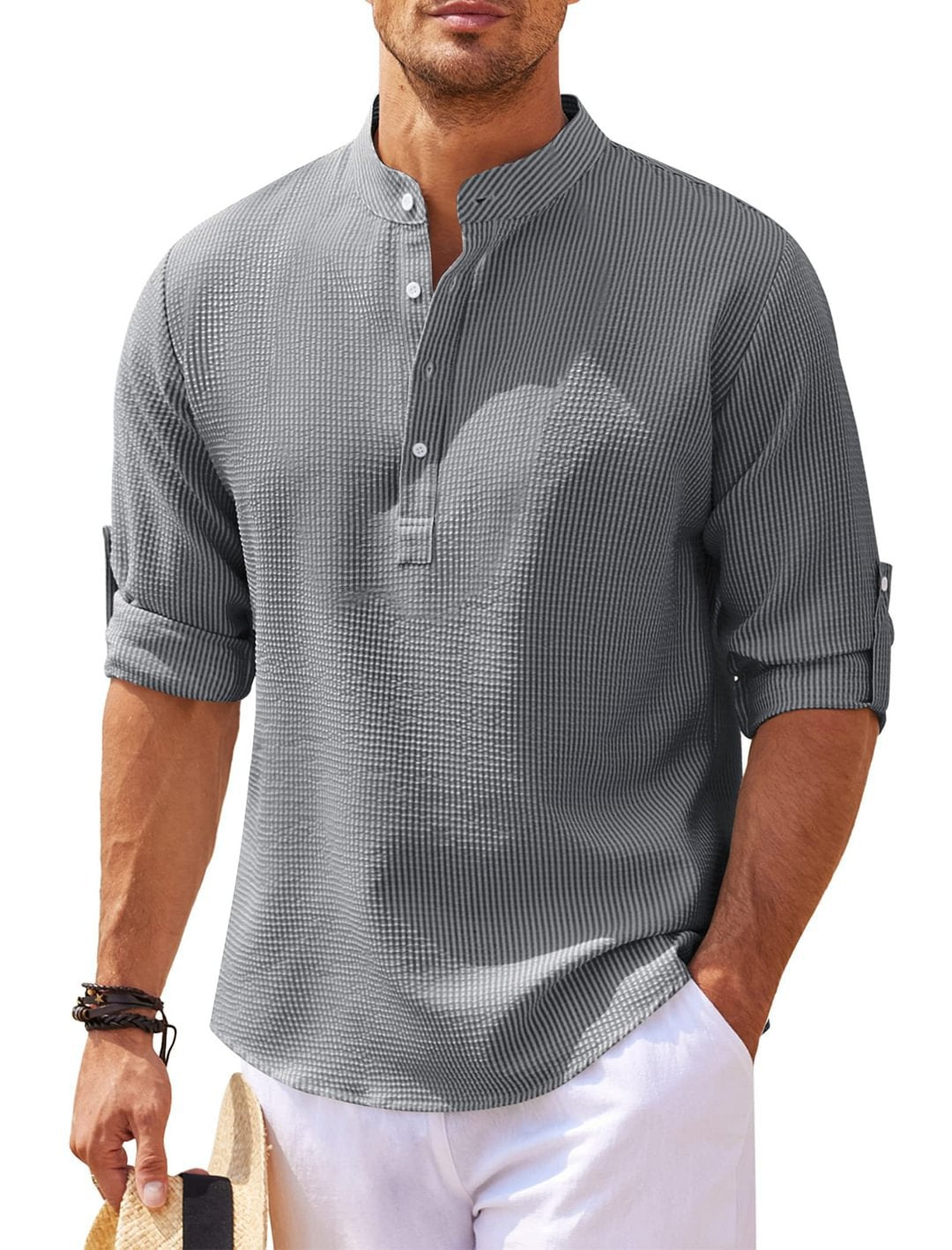 Mens Stand Collar Shirt in dark grey with textured stripes and rolled sleeves