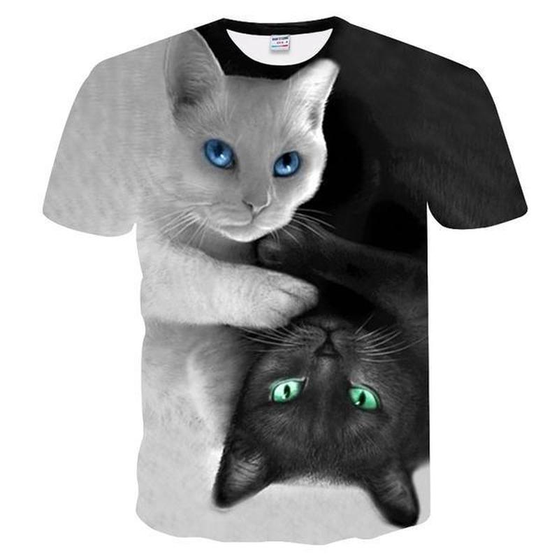 Mens Cat Graphic T Shirt front view featuring contrasting cat artwork