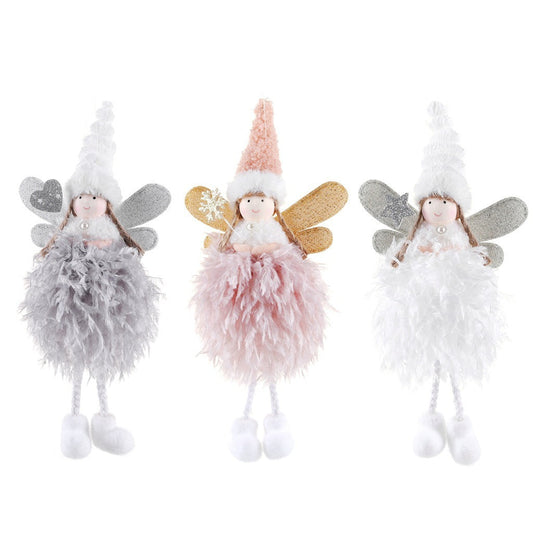 Christmas angel pendants in pink, white, and gray with decorative items.