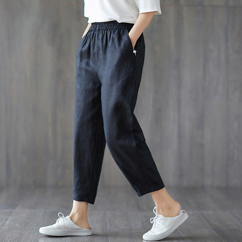 Womens Cotton Carrot Pants in dark navy blue with a loose cropped fit