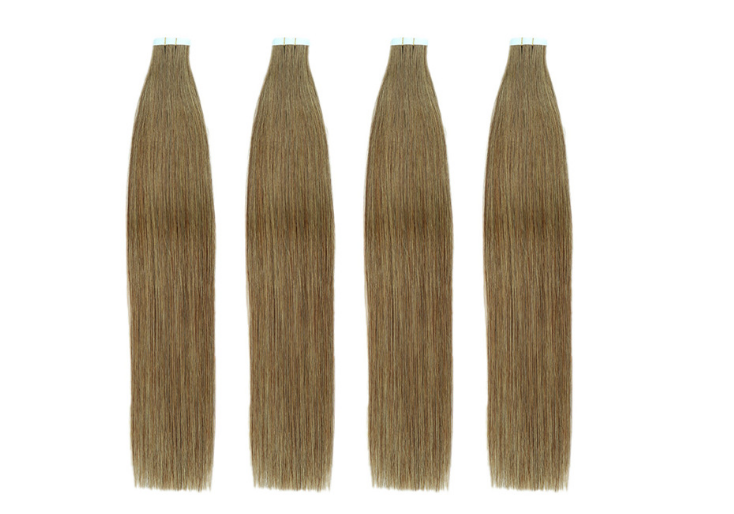 PU Tape Hair Extensions – close-up of flat PU adhesive attachment and straight human hair