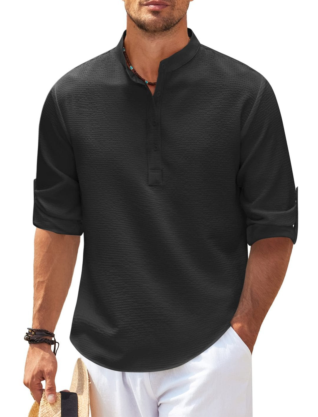Mens Stand Collar Shirt in black with textured fabric and roll-up sleeves