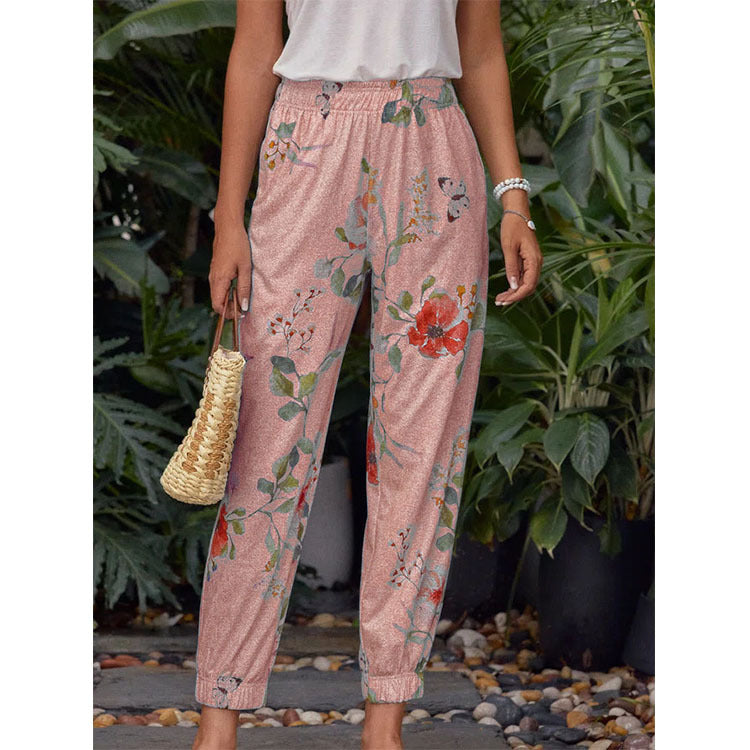 Printed Harem Pants in brick red with floral pattern and relaxed fit