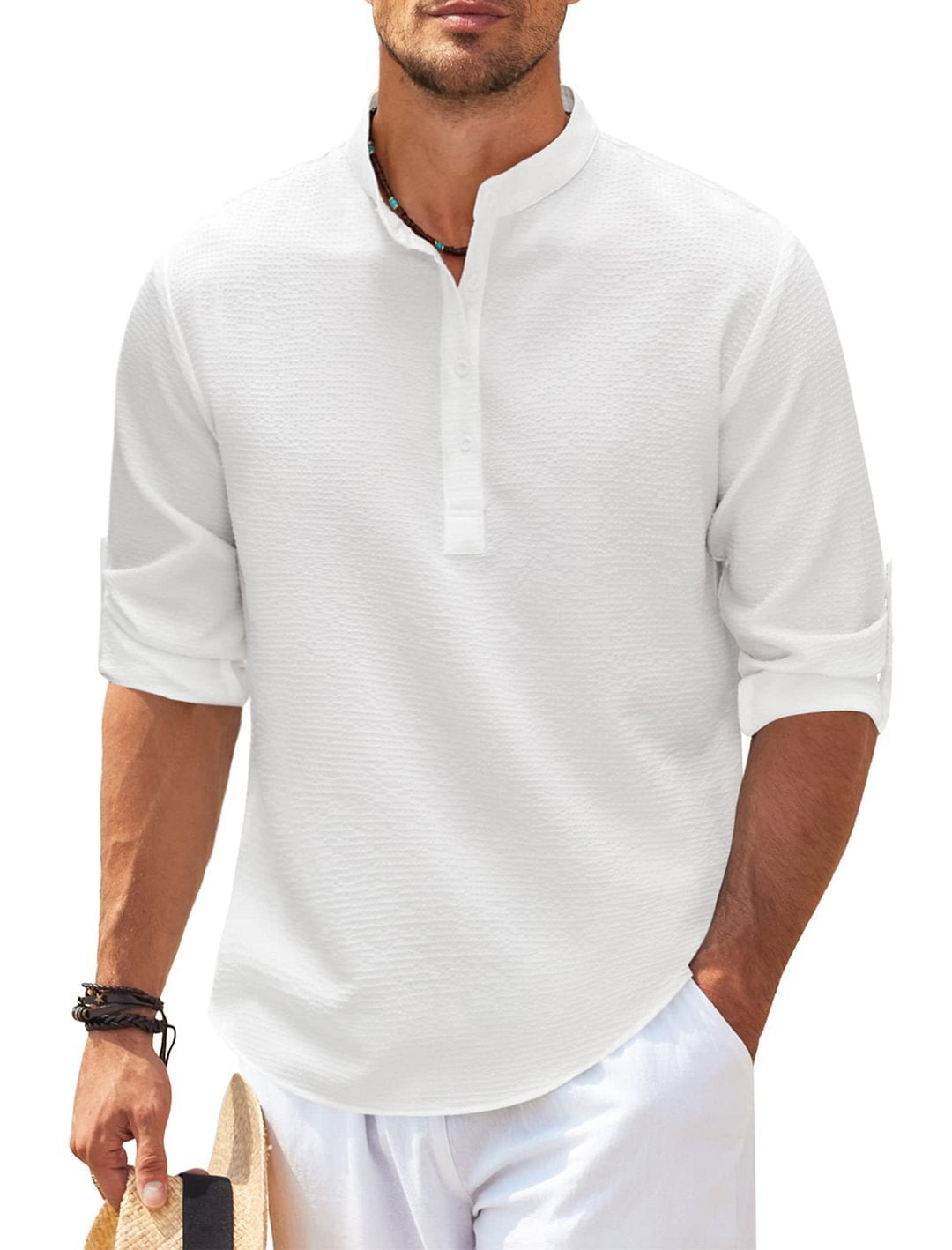 Long Sleeve Stand Collar Solid Color Shirt Mens Clothing