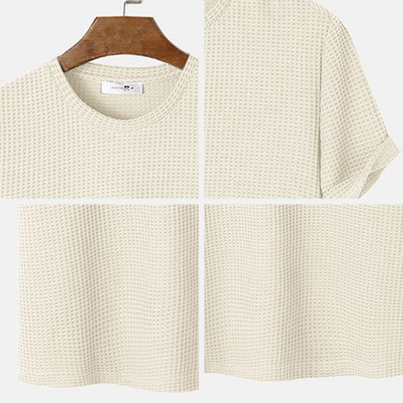 Mens Waffle Knit T-Shirt close-up of textured crew neckline in beige