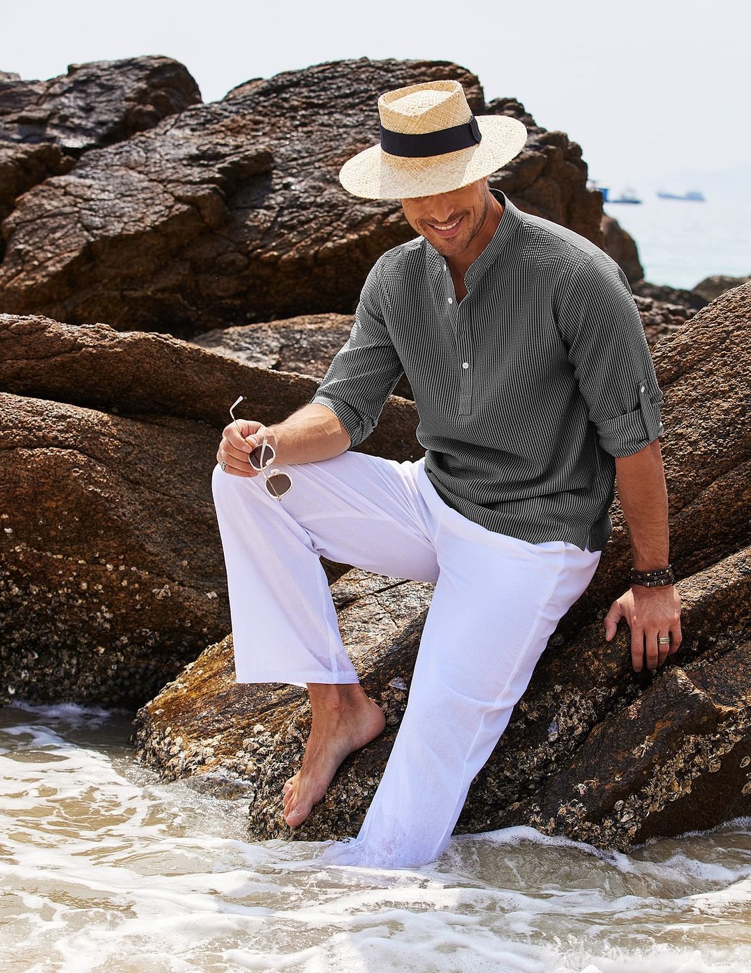 Mens Stand Collar Shirt worn at the beach in dark grey striped style