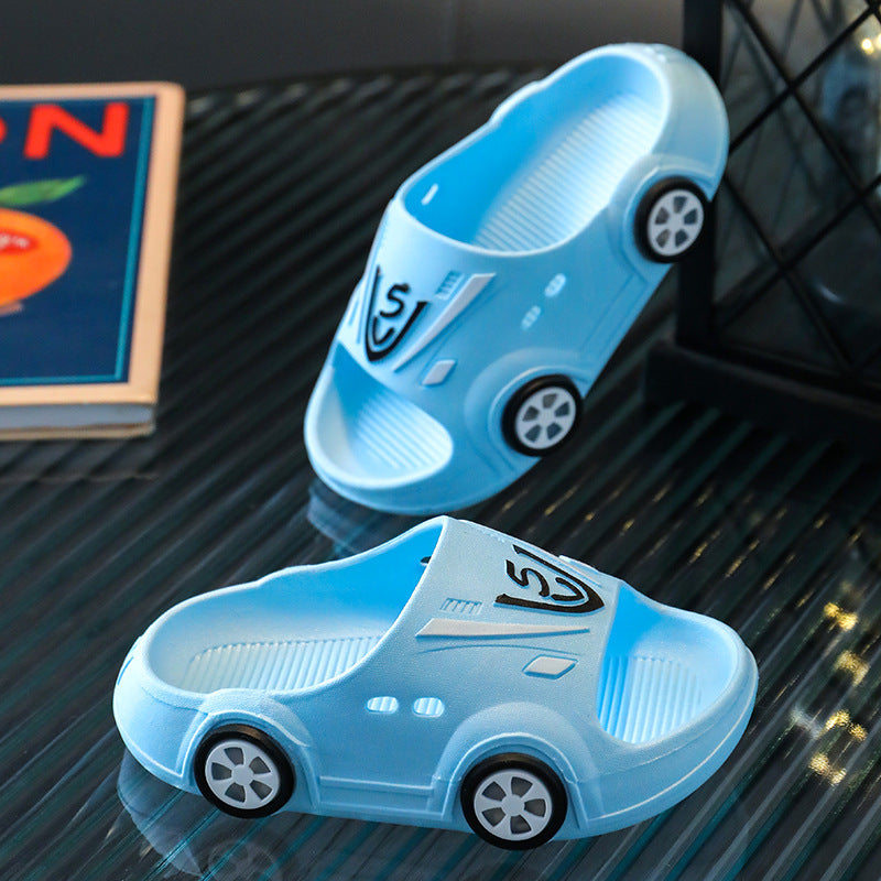 Cartoon design blue kid baby slippers made from PVC, neutral gender, resembling cars.