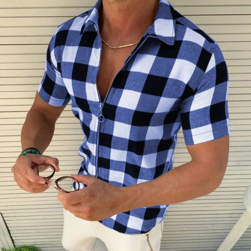Plaid Zipper Shirt – blue men's short sleeve checkered shirt with lapel collar
